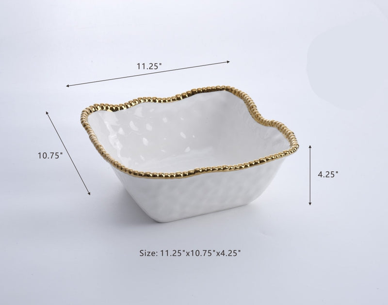 Salerno - White and Gold - Large Square Salad Bowl