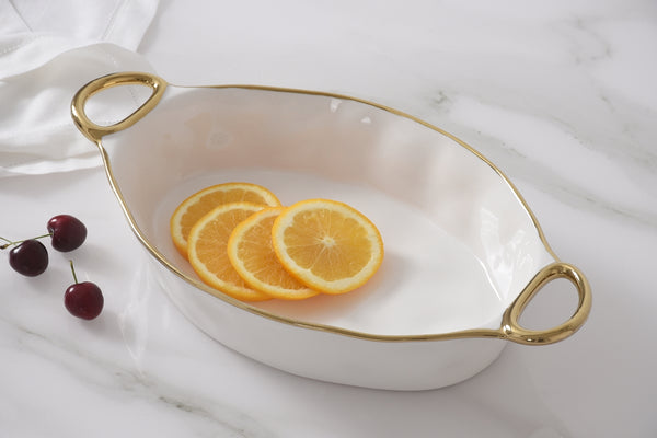 Golden Handles - White and Gold - Oval Baking Dish