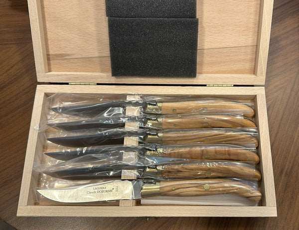 Laguiole - Box Knives - Olive Wood and Matt Brass Boister Handle (Set of 6)