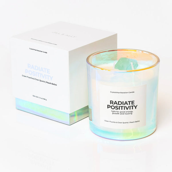 Radiate Positivity - Crystal Manifestation Candle - Peach Bellini with Clear Quartz & Green Fluorite
