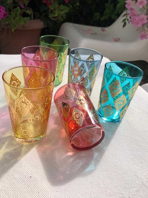 Moroccan Tea Glasses Losange Assorted Colors Gold - (Set of 6)