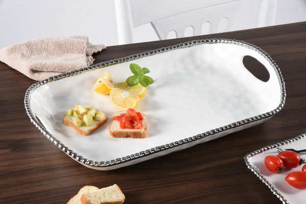 Salerno - White and Silver - Rectangular Tray with Handles