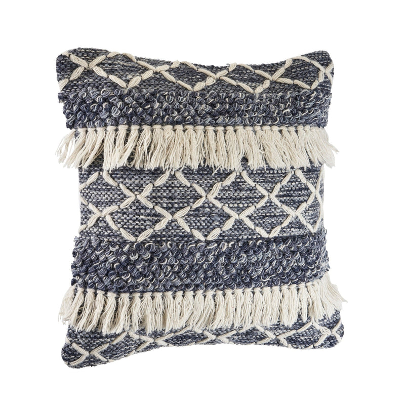 Navy and Ivory Textured with Fringe Throw Pillow  Square
