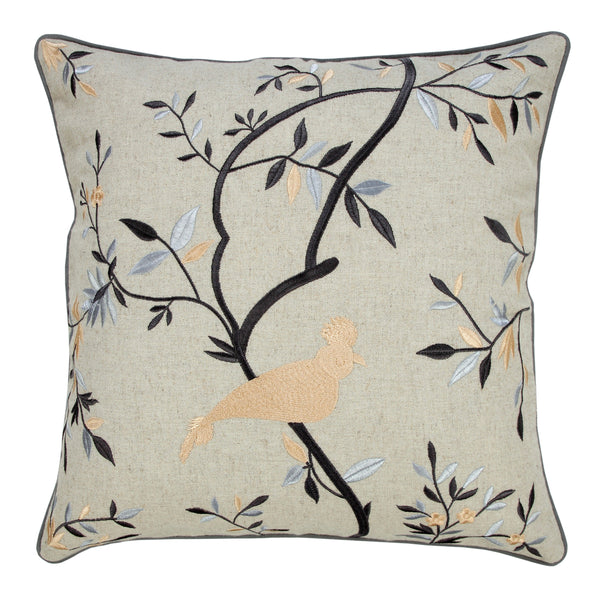 Embroidered Botanical Bird Traditional Throw Pillow Square