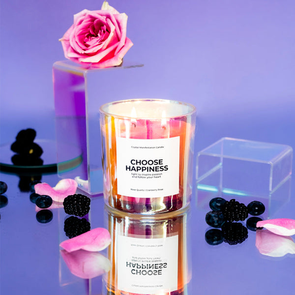 Choose Happiness - Crystal Manifestation Candle - Cranberry Rose with Rose Quartz